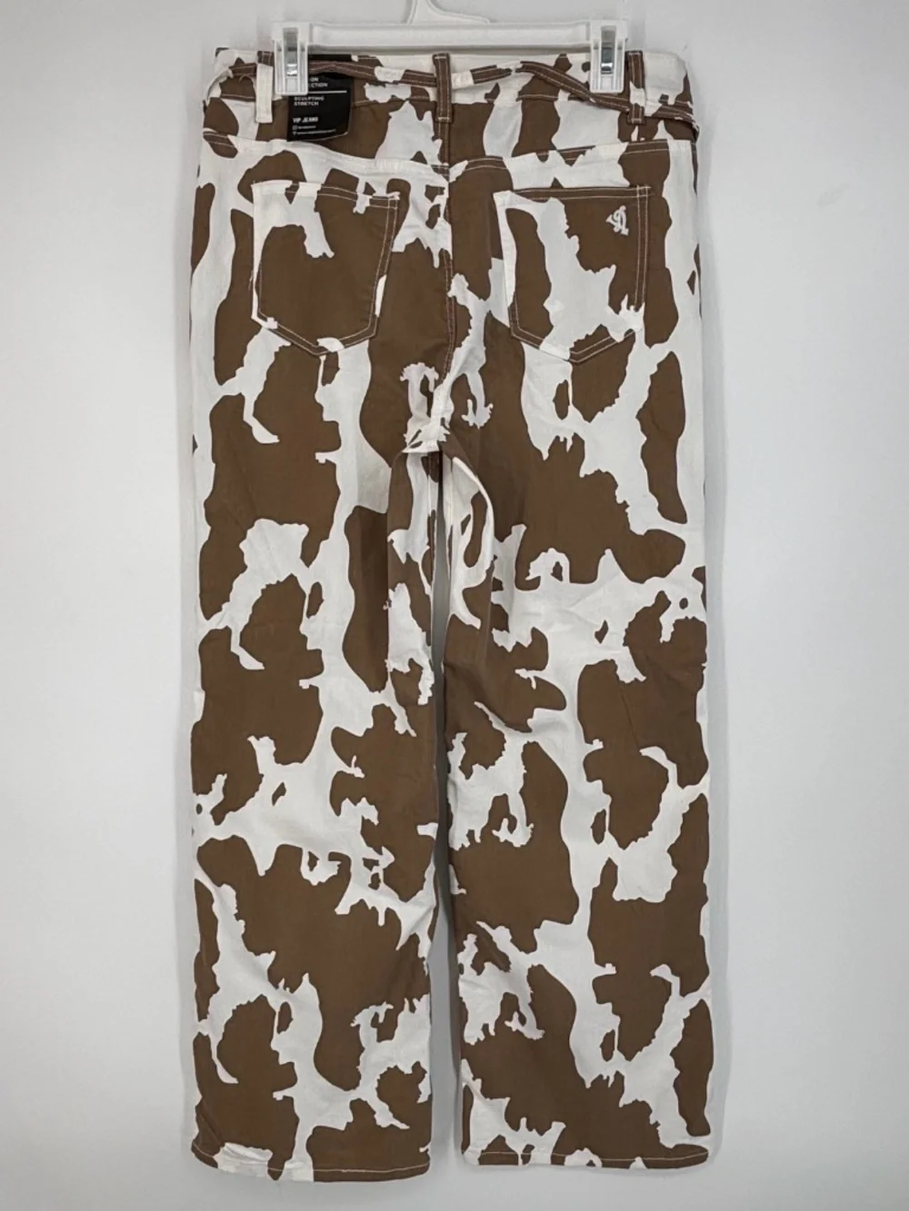 VIP Jeans Womens Size 13 14 Wide Leg Pants Brown Cow Print Five Pocket Belted
